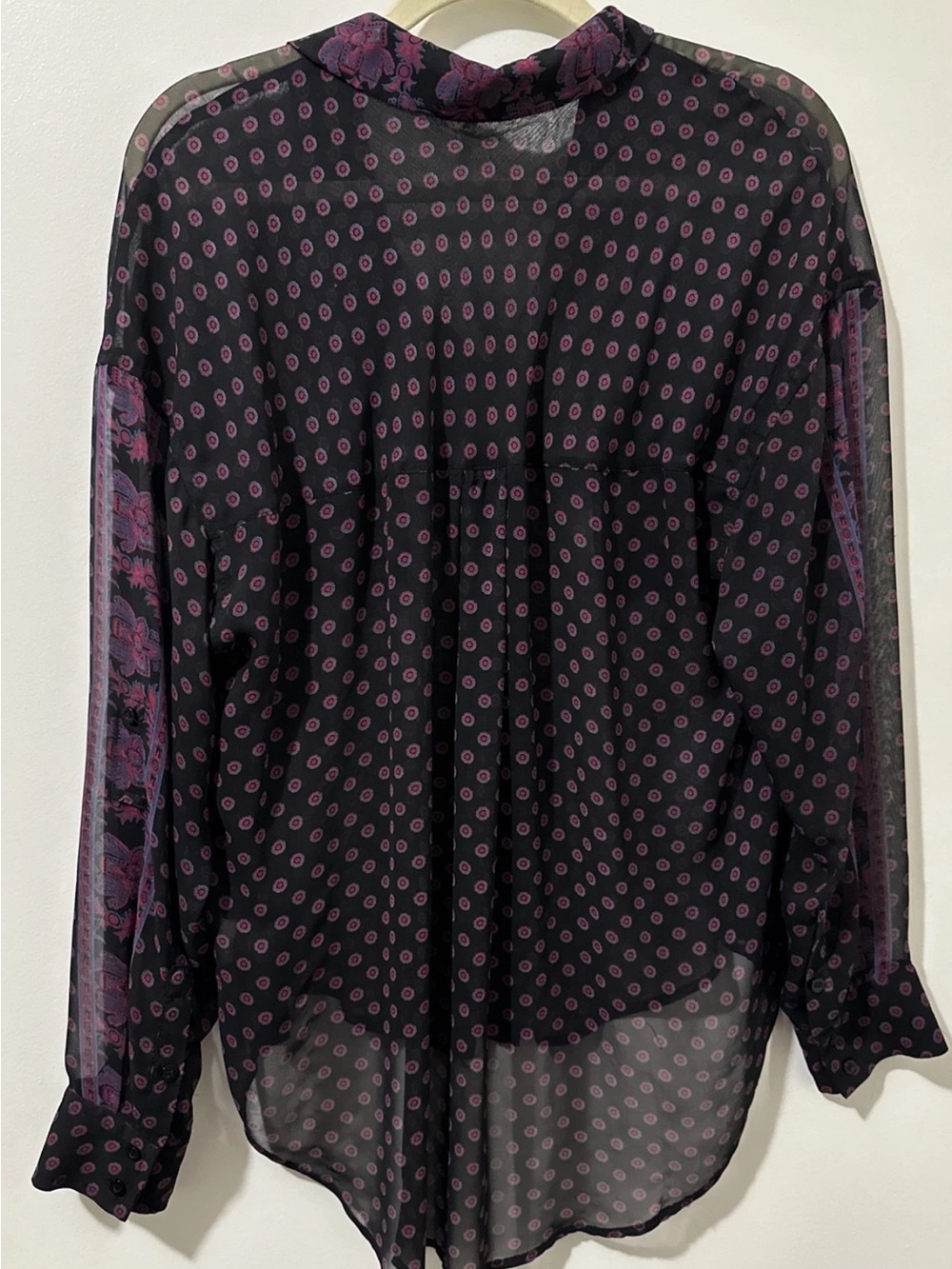 #302 FREE PEOPLE Black Sheer Button-Down Shirt with Purple Dot Print - Picture 2 of 8